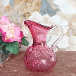 Vintage Chalet Cranberry Glass Quilted Pitcher Clear Applied Handle Mini